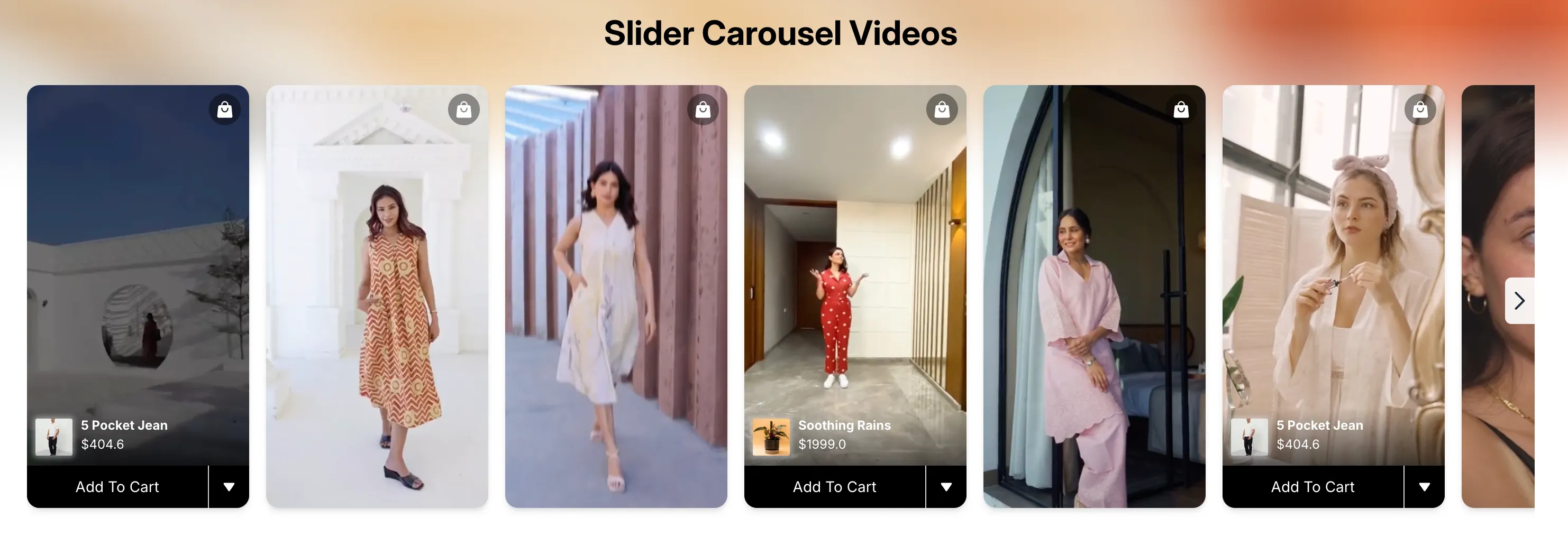 Vizup slider carousel placement with shoppable videos, product names, prices, and add-to-cart buttons