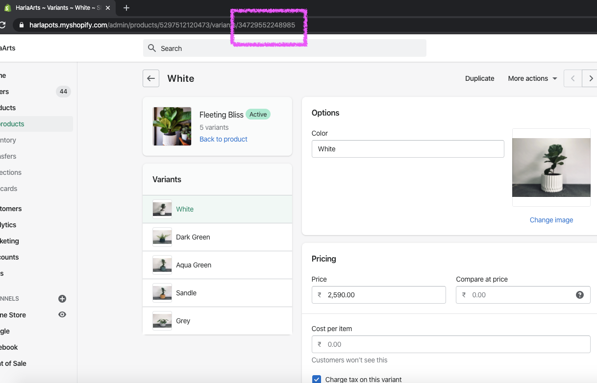 4. From the URL in product variant page, copy the last id after "variant/" in url