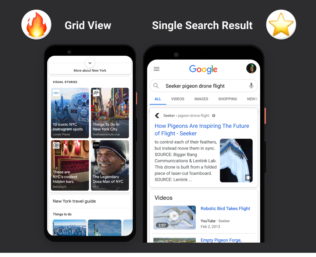 Google Web Stories are highlighted in Grid View and as a single search result. Apart from Google Discover.