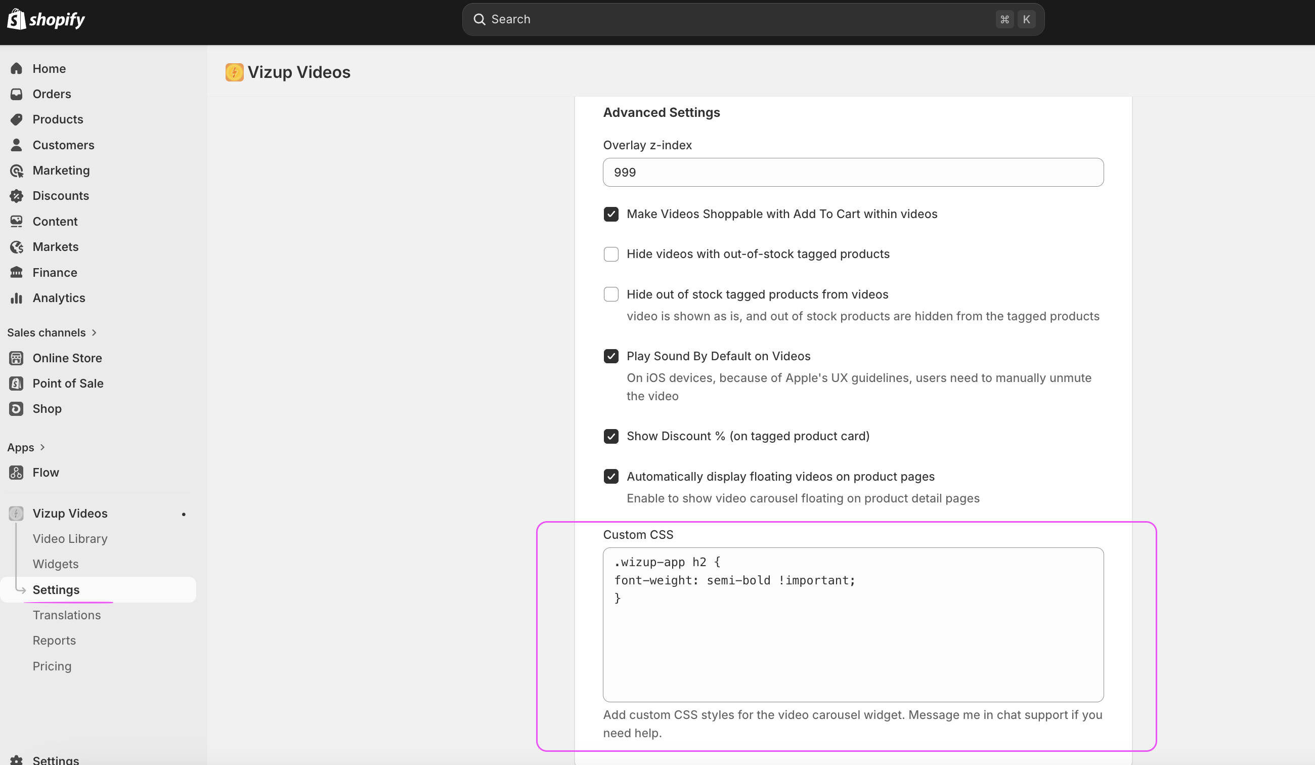 Custom CSS in Advanced Settings
