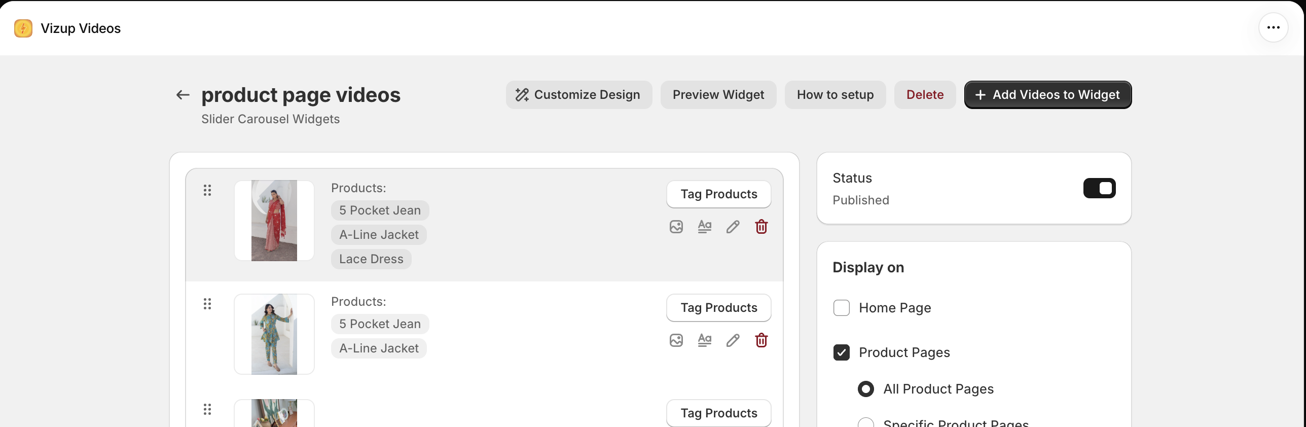 Vizup Videos widget settings with the Delete button in the top toolbar