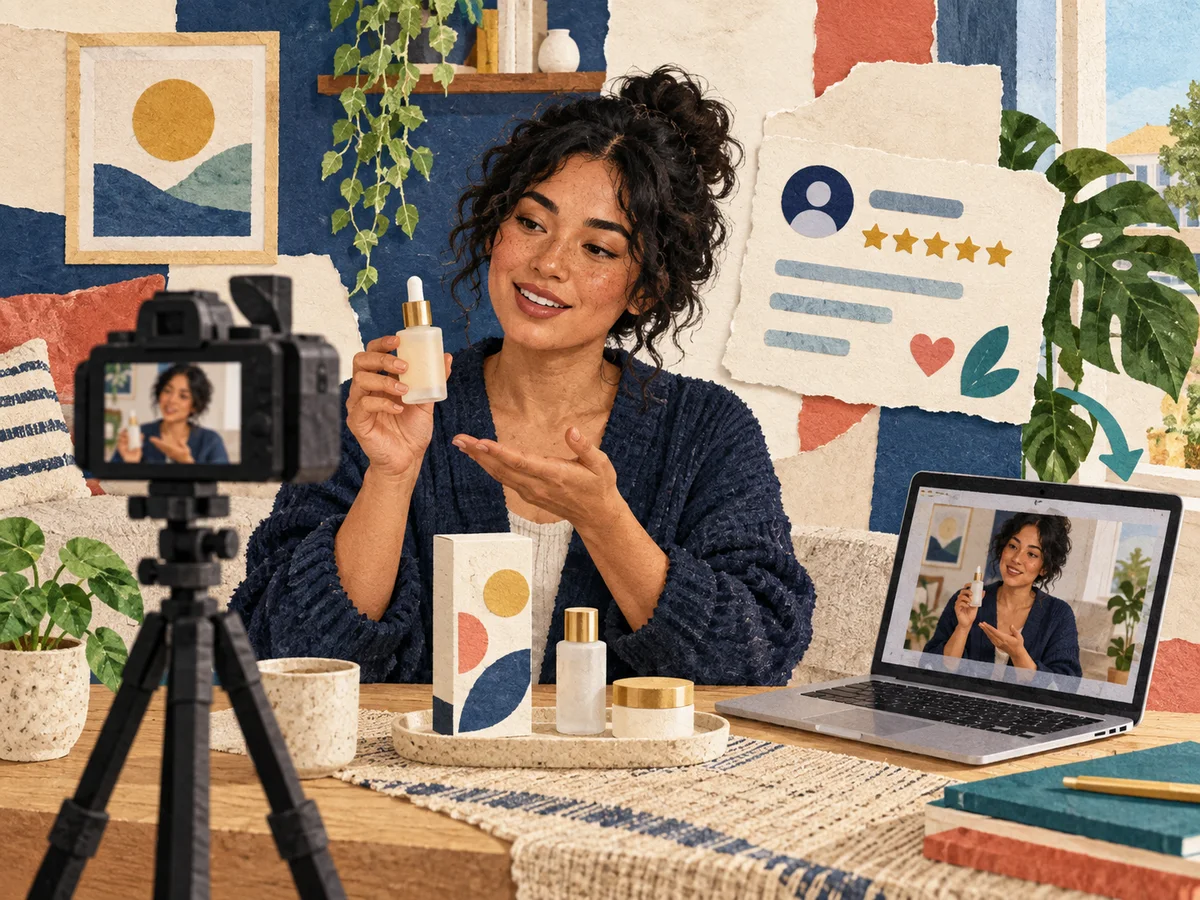 A creator films a product demonstration beside its packaging and a laptop.