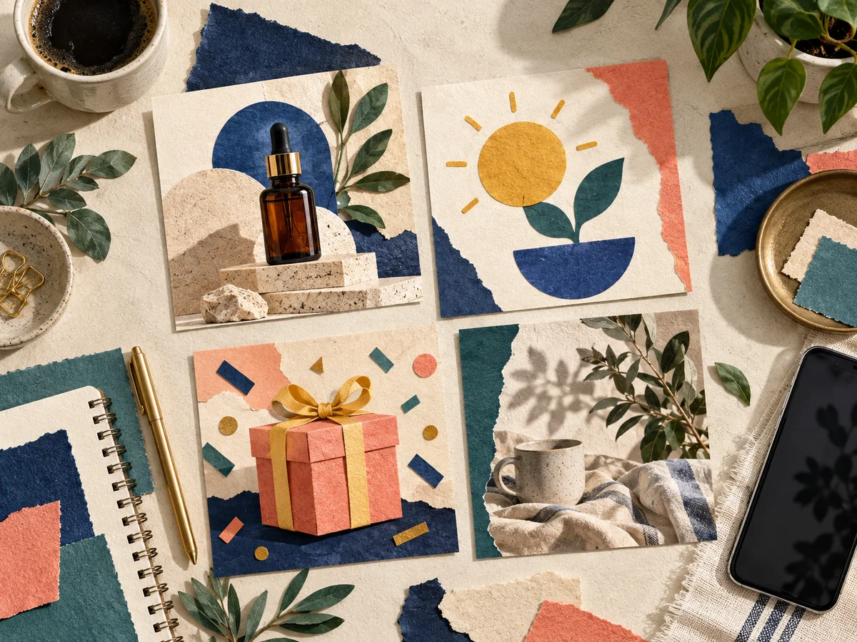 Product, tip, giveaway, and lifestyle post concepts arranged on a planning table.