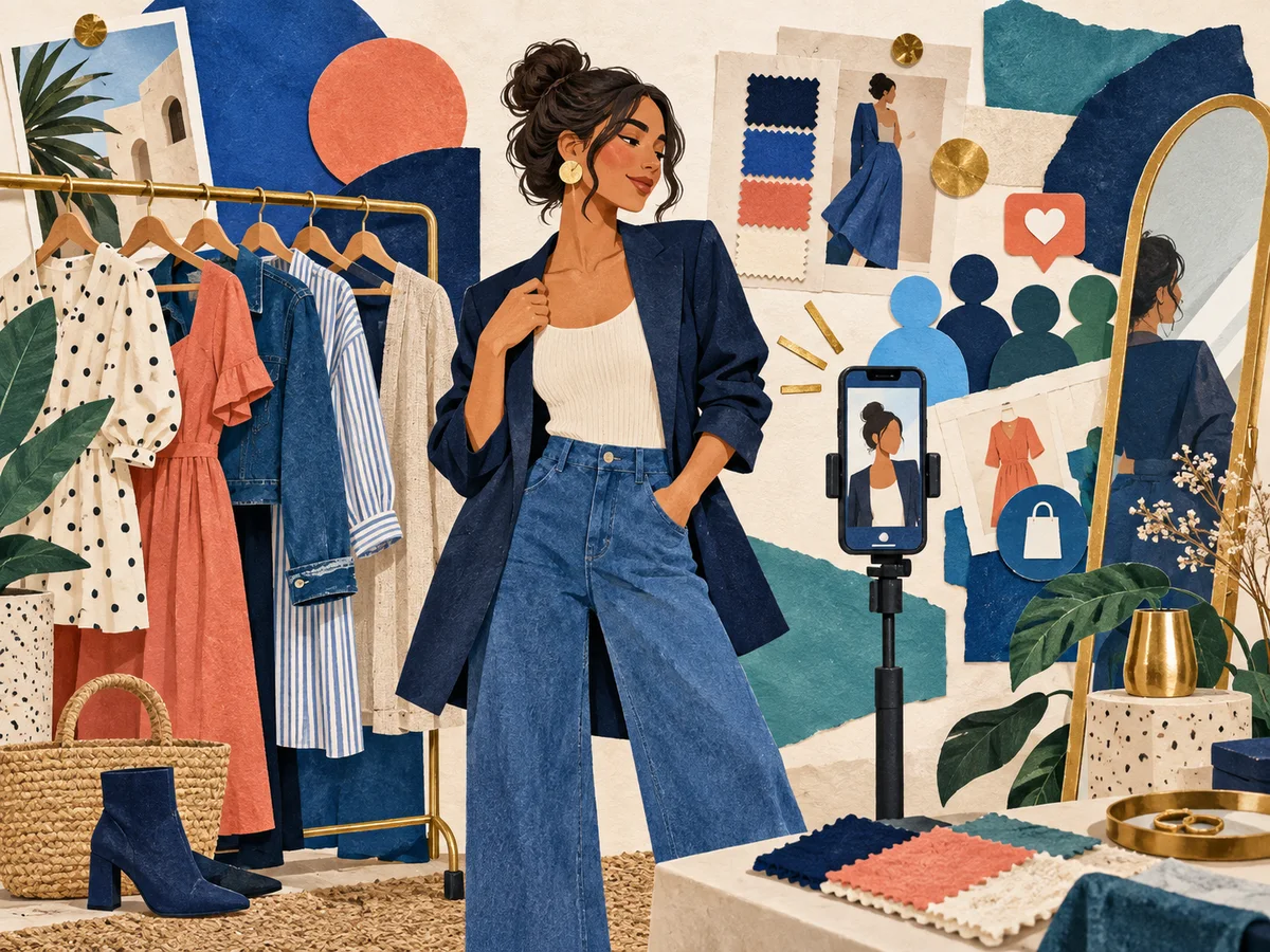 Fashion creator filming outfit ideas beside a clothing rack