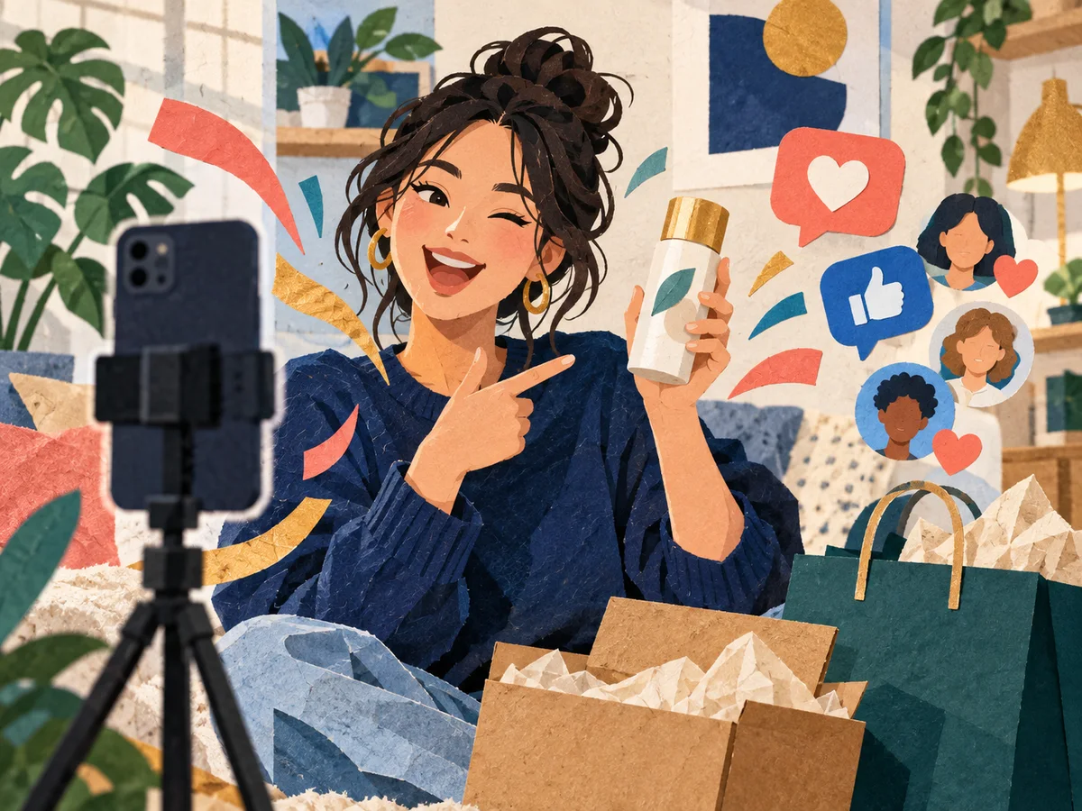 Creator presenting a product in a lively vertical video with a shopping bag
