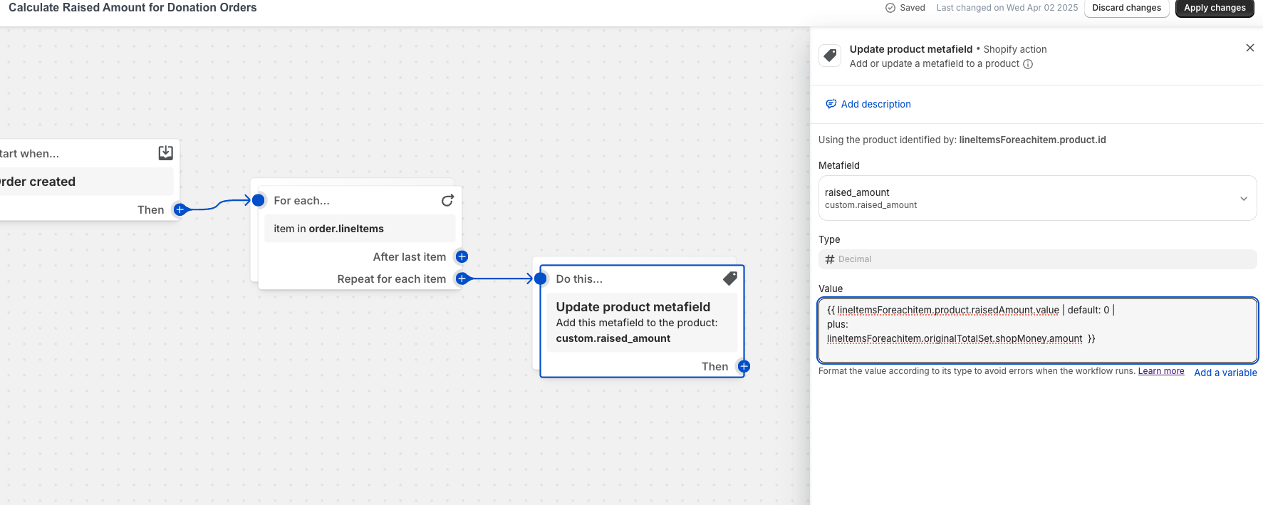 Shopify Flow Automation - Update Product Metafields Action